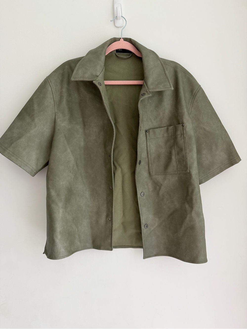 ZARA Olive Short-Sleeve Button-Front Leather Jacket - Picture 2 of 4